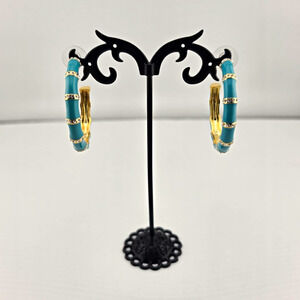 Vtg JC Thailand Gold Tone Turquoise Enamel Bamboo Earrings w/Rhinestone Accent